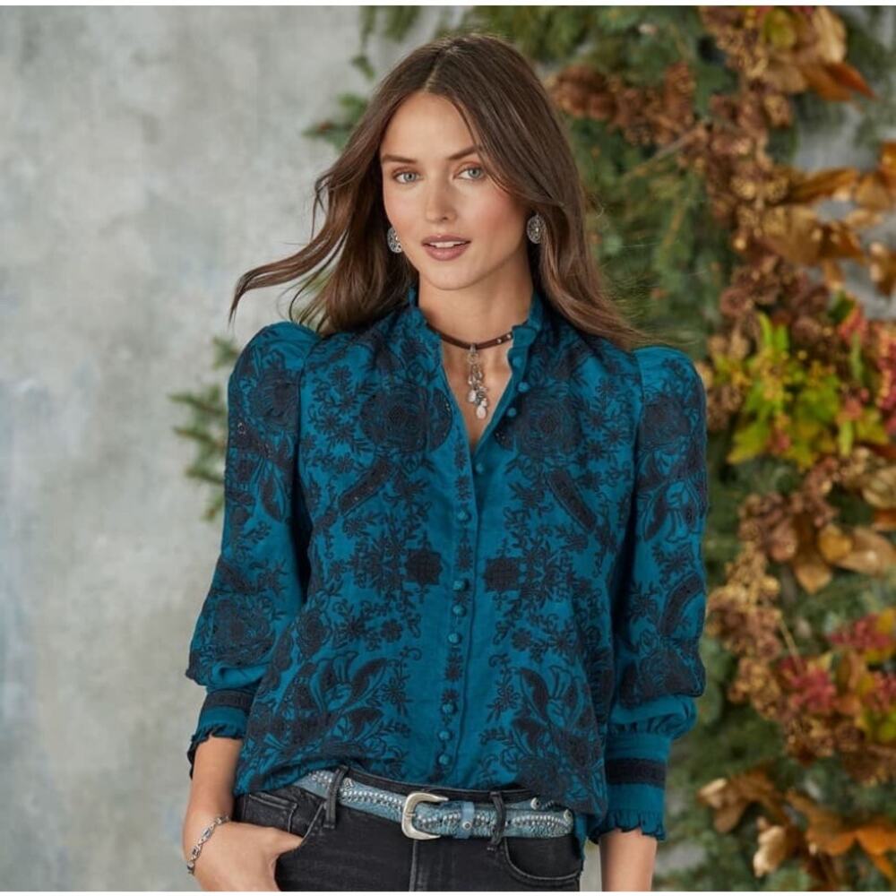 Sundance Teal and Black Floral Button-Up Blouse